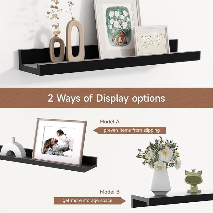 Fun Memories Floating Picture Ledge Shelves Set of 2, 16 Inch Solid Wood Wall Shelves with Lip, Large Nursery Book Shelf for Toys Storage, Kids Bookshelf, Living Room, Bedroom Decor Frames, Black