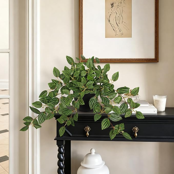 Briful Artificial Potted Plant Indoor, 19.6" Faux Watermelon Peperomia Trailing Plant in Black Pot, Realistic Fake Plants with Cascading Green Leaves for Shelf Bathroom Office Desk Kitchen Home Decor