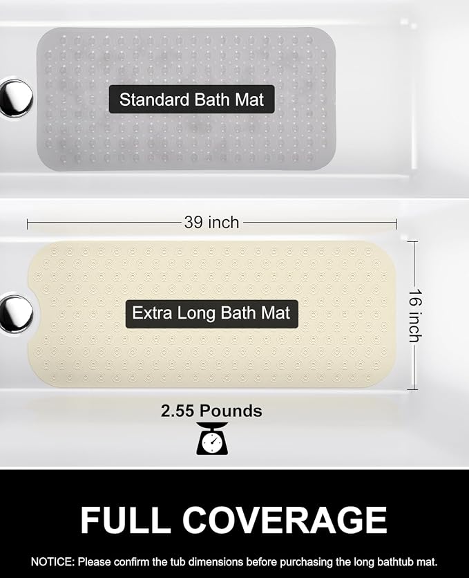 OTHWAY Bathtub Mat Non Slip, 39X16 inch Bath Mat for Tub, Machine Washable Bath Tub Mats with Reverse Suction Cups, Comfortable Rubber Bathtub Mat for Bathroom (Beige)