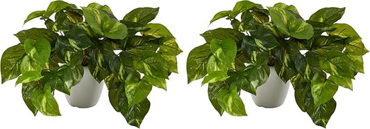 Nearly Natural 9in. Pothos Artificial Plant in White Planter (Real Touch) (Pack of 2)