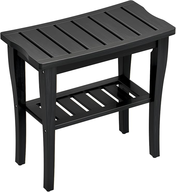 Bamboo Shower Bench Stool with Storage Shelf, Waterproof Shower Chair Spa Bath Seat, Shower Stool for Inside, Bathroom Bench Seat for Adults Elderly Seniors for Indoor or Outdoor Use(Black)