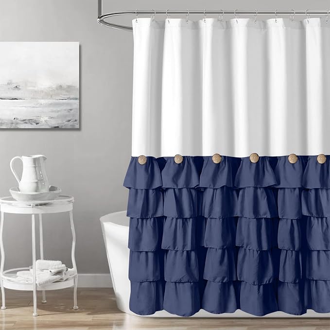 Seasonwood Navy Blue and White Shower Curtain 72 x 72 | Natural button accents, layered fabric tiers, shabby chic and French country styling for decorative bathroom updates