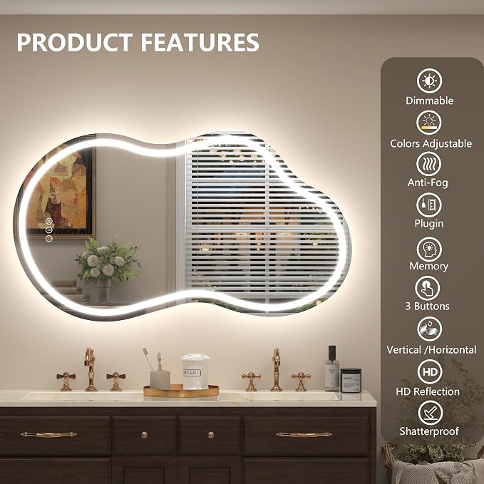 60x32 Inch Irregular LED Bathroom Mirror with Lights | Asymmetrical Lighted Vanity Mirror, Cloud Shape, Anti-Fog, Dimmable, Memory, 3 Colors, ETL Listed(Horizontal/Vertical)