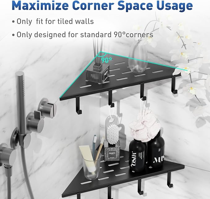 lives Corner Shower Shelves 2 Pack, 10" Black Corner Shelf for Bathroom, 304 Stainless Steel Grout in Bathroom Shower Shelf for Tiled Wall, Waterproof, Easy Install（with Hook）
