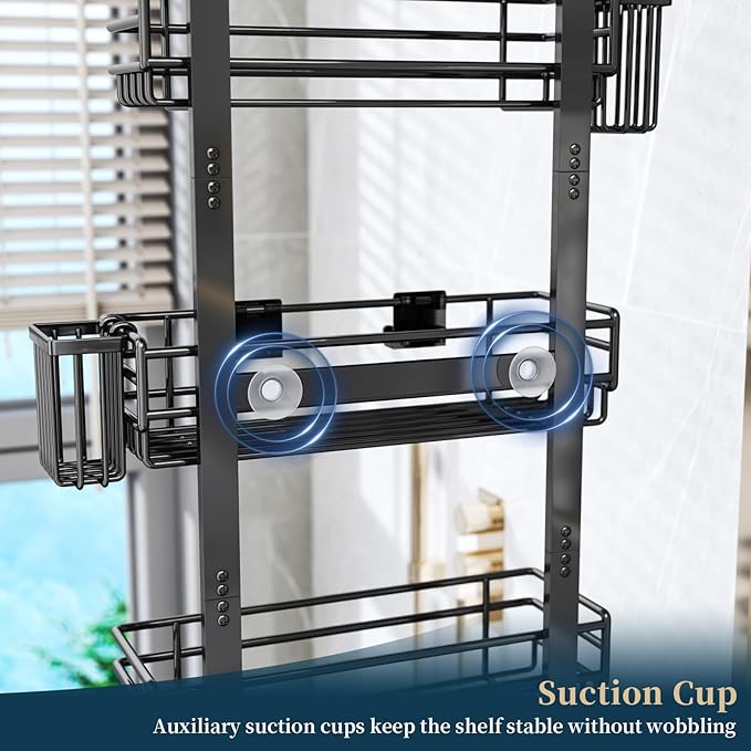 Consumest Over The Door Shower Caddy - 5 Tier Adjustable Shower Organizer Hanging with 2 Toothbrush Holders & 4 Hooks, Rustproof Organizer Shelf, Storage Rack for Bathroom, Black
