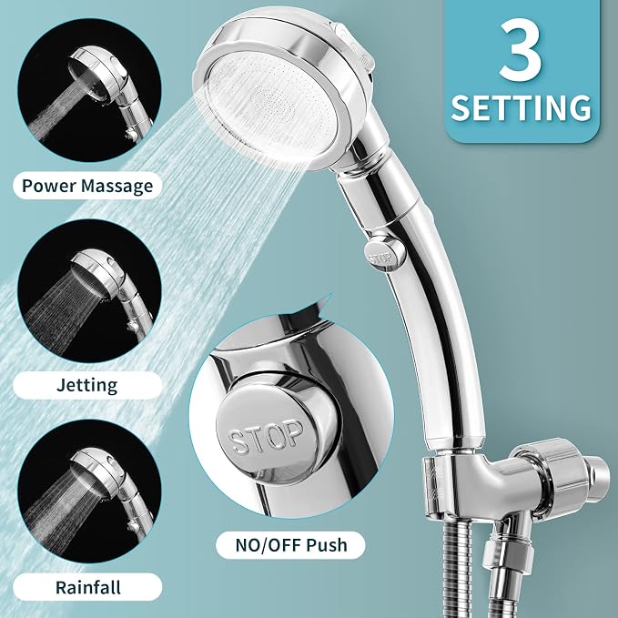 Marbrasse High Pressure Shower Head with Hose and Holder, 3-Settings Handheld Showerhead with Push Switch and Button to Control Water Flow for Saving Water,Removable Camper Shower Head