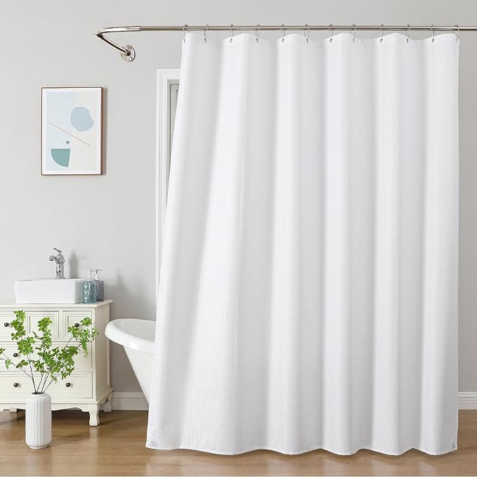 2-in-1 Waterproof Fabric Shower Curtain - No Separate Liner Needed, Hotel-Style Waffle Weave, Effortless Cleaning & Washable Bathroom Shower Curtain Set,72Wx80H,White