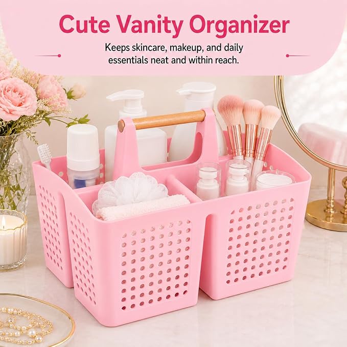 Portable Shower Caddy Basket with 3 Compartments and Handle, Caddy Pink | Plastic Divided Beauty Caddy Organizer for Makeup, Skincare, Hair Products, Nail Supplies, Vanities and Dorm Rooms