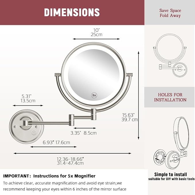 10" Hardwired Brass 5X Magnifying Makeup Mirror Wall Mounted with Light | 3 Color LED Touch Dimmable, 2-Sided, Bathroom SPA Hotel Vanity Cosmetic Shaving, Extendable Arm, 360 Rotation, Brushed Nickel