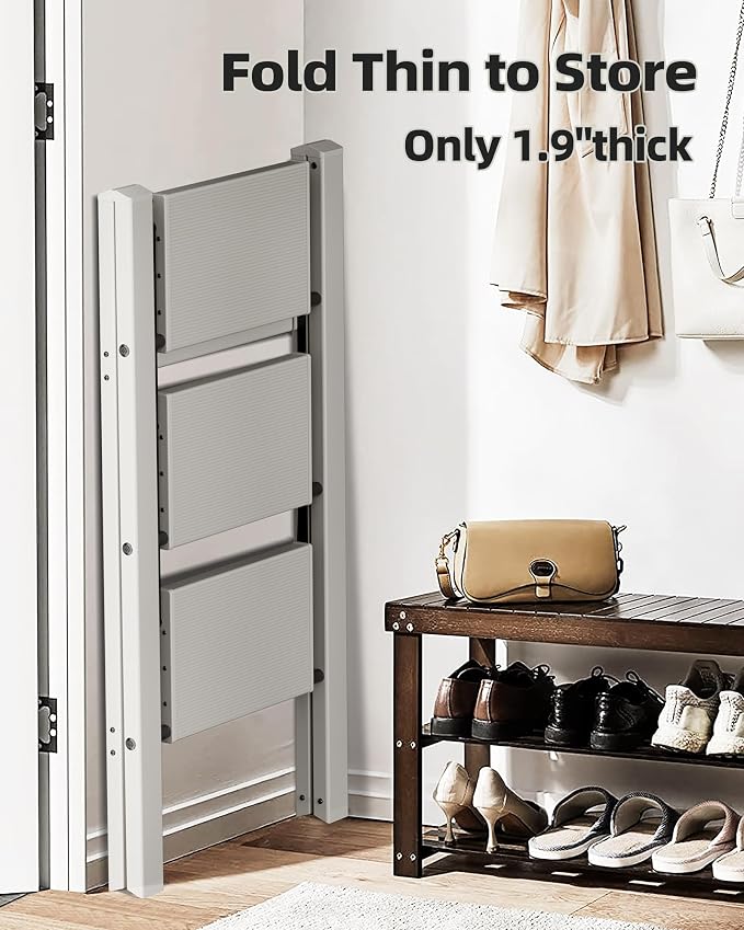 HillhutApex 3 Step Stool Foldable Ladder,Aluminum Step Ladder | Folding Lightweight Stable Stool with Wide Non-Slip Pedals, 330lbs Bearing Capacity Ladder for Office,Home,Kitchen-Grey