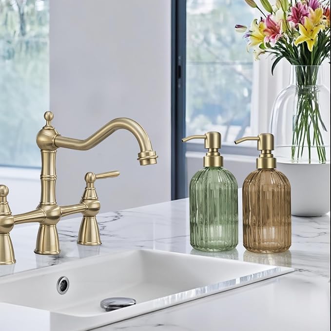 16 OZ Amber Glass Soap Dispenser, Amber Stripe Bathroom Hand Soap Dispensers with Stainless Steel Brushed Gold Pump,Brown Glass Kitchen Hand Soap Dispenser with Brushed Gold Pump,2 Packs