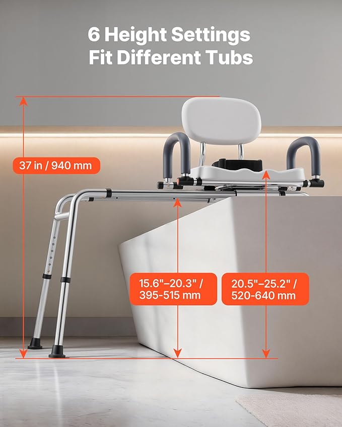 VEVOR Sliding Shower Chair, 400 lbs Tub Transfer Bench for Bathtub with Swivel Seat, Shower Bench with Pivoting Arms and Backrest, Height & Width Adjustable for Handicap, Seniors, Elderly and Disabled