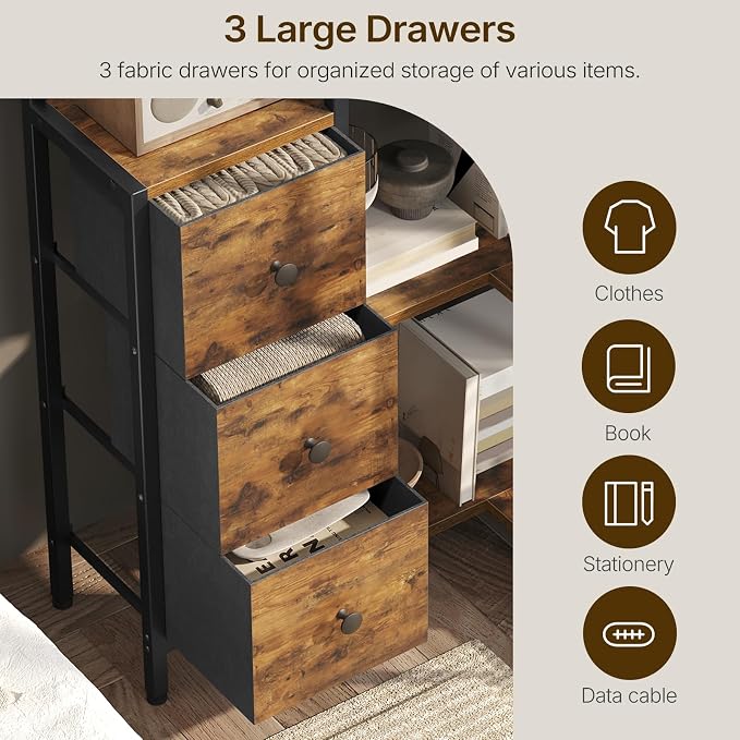 Corner Bookshelf, 5-Tier L-Shaped Bookcase with 3 Fabric Drawers, Storage Display Shelf, Freestanding Tall Open Shelf, for Living Room, Bedroom, Home Office, Rustic Brown SJ12BR