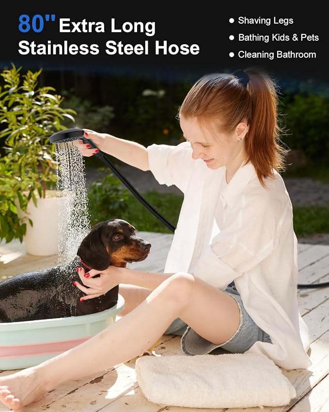 Shower Head with Handheld, High Pressure Showerhead with Hose Black | 80" Extra Long Stainless Steel Hose & Adjustable Bracket, Shower Heads with ON/OFF Switch for Pets Bath