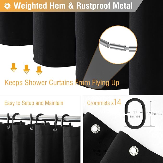 84x72 Wide Linen Textured Waterproof Cloth Thick Shower Curtain, Black | Wide Size, 230GSM Polyester, Heavy Duty Fabric, Weighted Hem, 14 Plastic Hooks, Modern Luxury Hotel Style, Machine Washable