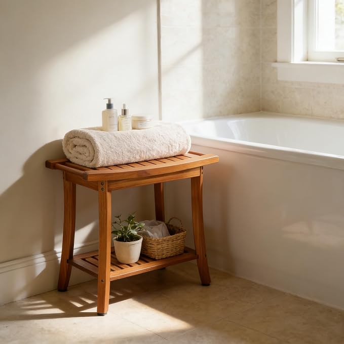 Utoplike Teak Shower Bench Seat with Handles, Bath Chair Stool for Inside | Portable Wood Spa Chair With Towel, Storage Shelf, 22" x 13" x 18.6", for Outdoor Bathroom Use