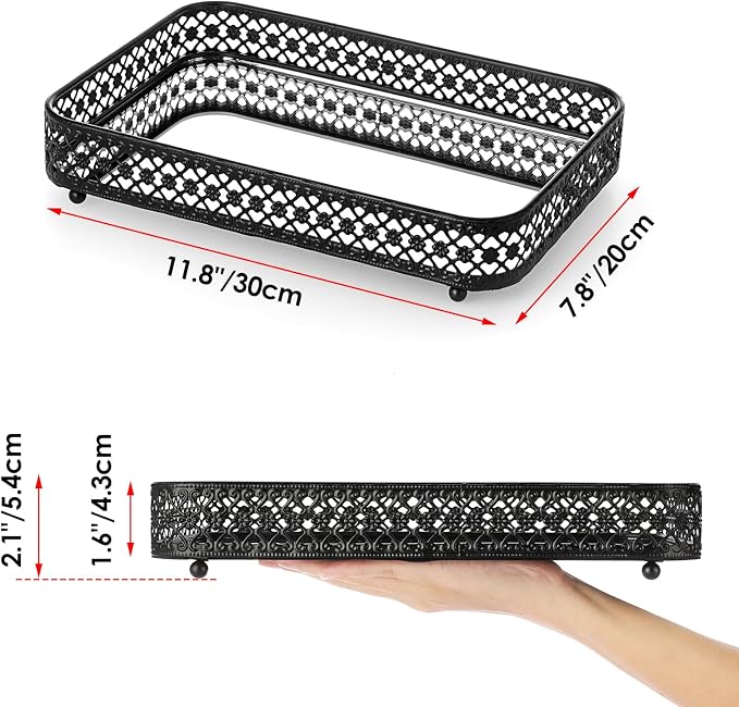 ELLDOO Black Mirror Glass Perfume & Makeup Vanity Tray, Medium Size | Hollow-Carved Jewelry Storage, Metal Trinket Organizer for Dresser Bathroom Countertop Home Decor