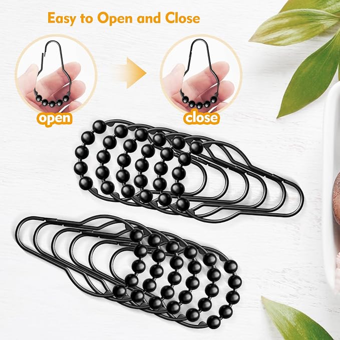 12 PCS Shower Curtain Hooks, Practical Black Shower Curtain Hooks | Metal Shower Hooks for Bathroom Shower Rods, Smooth & Quick Sliding, Secure Snap Closure, Easy Install