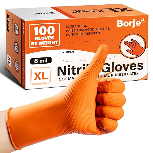 Borje Orange 8 Mil Nitrile Disposable Gloves, 100 Count, X-Large | Heavy-Duty, Latex & Powder Free, Raised Diamond Texture, Mechanic, Industrial, Automotive, Gardening