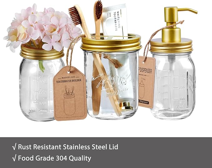 SheeChung Mason Jar Toothbrush Holders, Farmhouse Toothpaste Organizer, 1Pc | Gold Glass Electric Tooth Brush Holder for Bathroom Countertop, Removable Stainless Steel Lid, 3 Divider,Rustic Vintage Decor