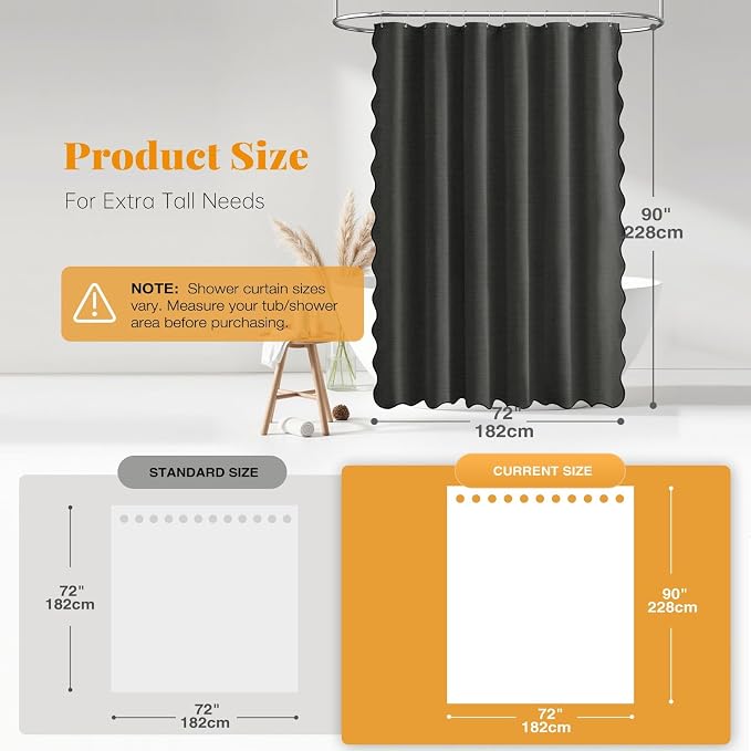 72x90 Boho Scalloped Linen Textured Shower Curtain Set, Charcoal Grey | Long Size, 230GSM Waterproof Polyester, Heavy Duty Fabric, 12 Plastic Hooks, Elegant Modern Farmhouse Style, Machine Washable
