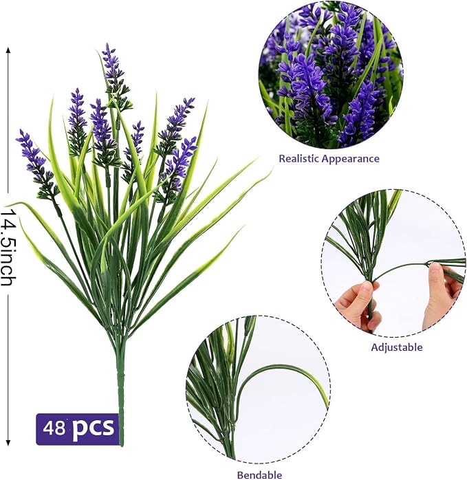 48 Bundles Artificial Lavender Flowers Outdoor UV Resistant, Purple | Faux Plants with Monkey Grass, Realistic Plastic Flowers for Garden Porch Window Box Patio Hanging Planter Decor