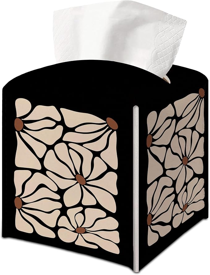 Modern Black Square Faux Leather Tissue Box Cover | Black Tissue Holder, Black Floral Accessories, for Bathroom, Car, Office Desk, 5.3x5.3x5.3