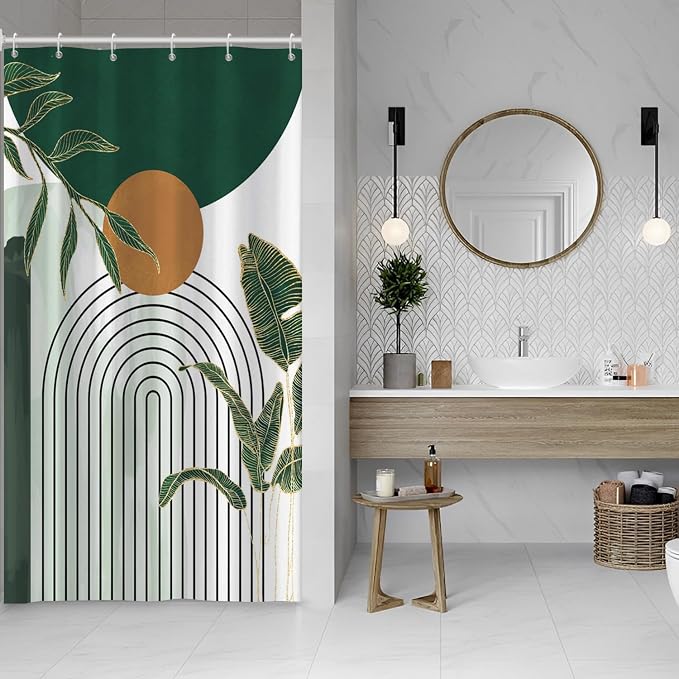 Abstract Boho Green Stall Shower Curtain with Hooks 48x72 Inch | Waterproof Small Emerald-green Leaves Bathroom Curtain for Shower Stall, Machine Washable