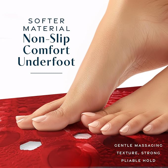SlipX Solutions 39"x16" Power Grip Non Slip Bathtub Shower Mat, Red | Stronger Wet Surface Protection, Soft Under Foot, 265+ Suction Cups, Large Drainage Holes