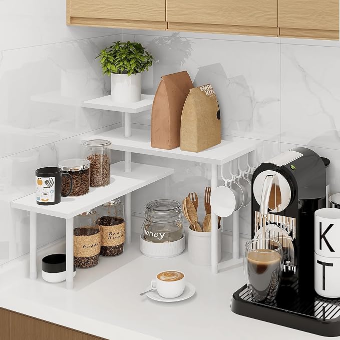 Kitchen Countertop Organizer Corner Shelf, Bathroom Counter Organizers and Storage, 3 Tier Wood Shelf Organizer Space Saver for Make Up, Dresser Table, Desktop, White