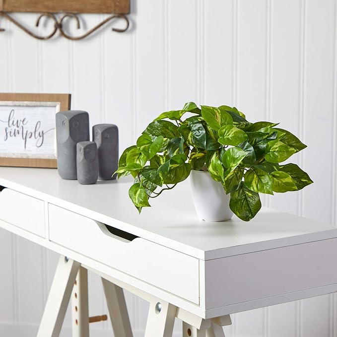 Nearly Natural 9in. Pothos Artificial Plant in White Planter (Real Touch) (Pack of 2)