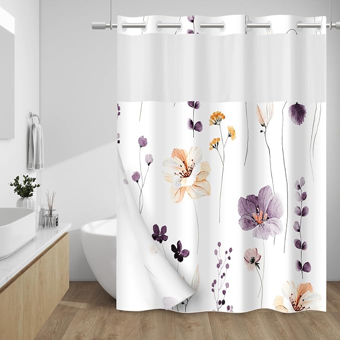No Hook Floral Shower Curtain with Liner, Plum Flower, 71x74 | Snap in Liner, 3 in 1, Water Repellent, Easy Install, Machine Washable, Hotel Style for Bathroom, Watercolor Pattern