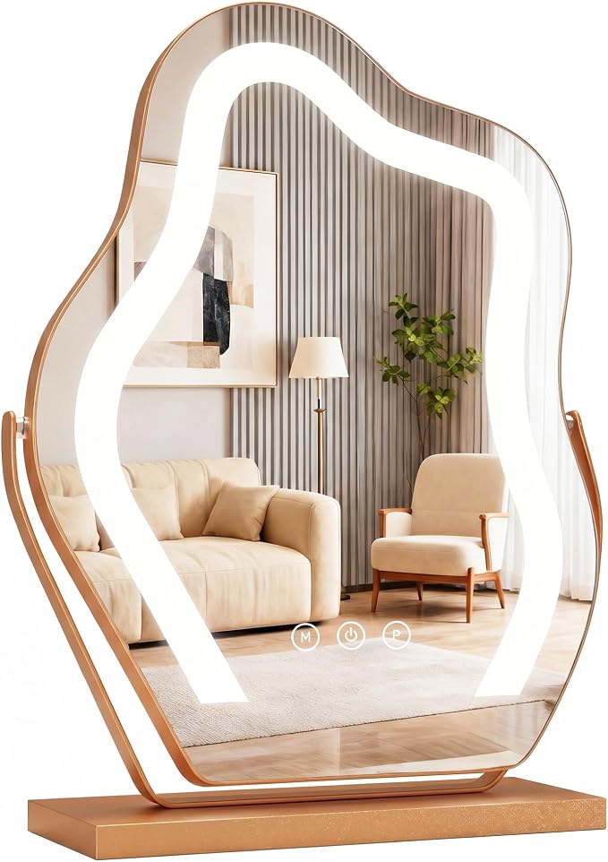 12.6''x17'' Makeup Mirror Cloud Shaped Lighted Vanity Mirror | Smart Touch 3 Color Dimmable Memory 360° Rotation Gold Metal Frame Plug-in AC Power Tabletop Vanity Mirror Women Gift