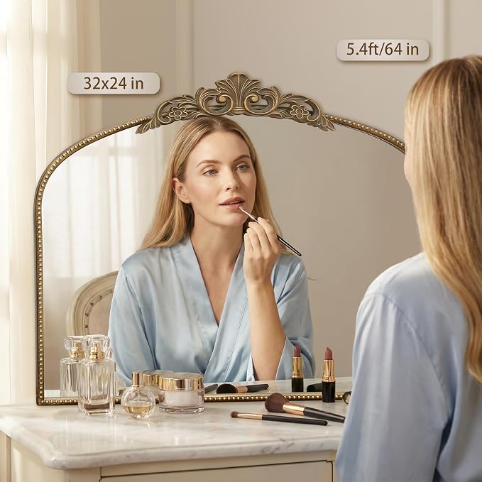 Micasso Vintage Gold Arched Mirror: 32"x24" Baroque Antique Vanity Mirror | Traditional Ornate French Decorative Wall Mirror for Bedroom/Bathroom/Entryway/Hallway/Dresser/Mantel/Nightstand/Over Sink