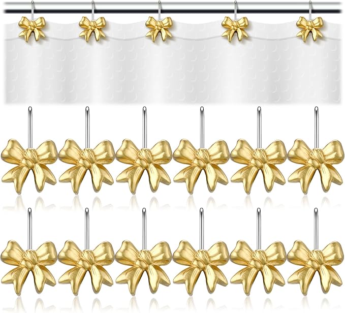 Yaocom 12 Pcs Gold Bow Shower Curtain Hooks Rustproof Metal Bathroom | Decorative Shower Hangers Bulk Glide Curtain Rings for Bathroom Bedroom Living Room Art Decoration