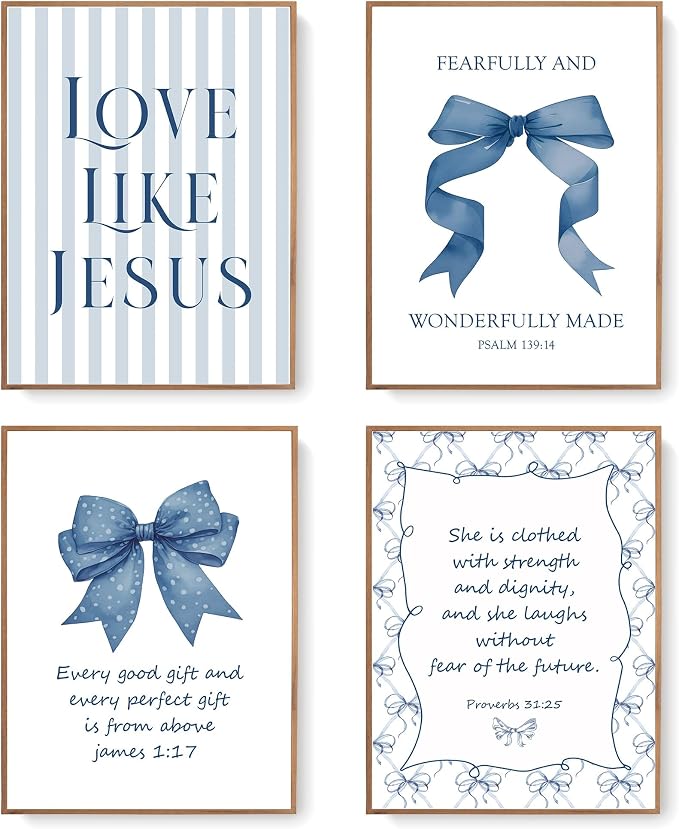 LARTSFRO Coquette Navy Blue Bow Jesus Wall Art Decor Posters, Blue Bow Christian Room Bedroom Bathroom Wall Art Decor Aesthetic for Teen Girls College Gifts, Inspirational Bible Verses Bow Wall Decor, 12x16 Inch Set of 4 Bow Pictures(UNFRAMED)