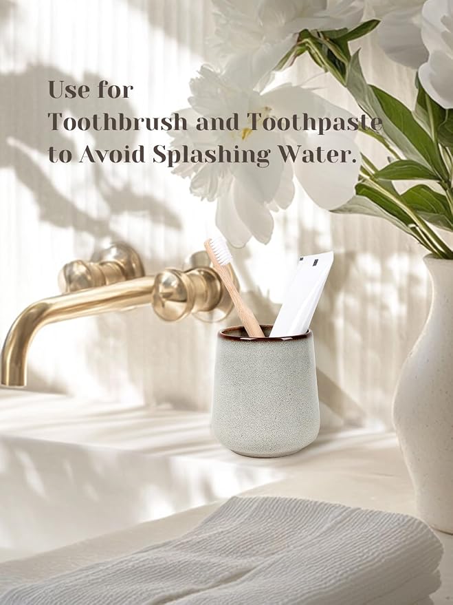INGOFIN Ceramic Toothbrush Holder, 12 oz Toothpaste Holder Bathroom Cup, Tooth Brush Holder for Vanity Countertop, Organizer Storage for Cosmetic, Makeup, Office Pencils, Kiln-Glazed Grey White