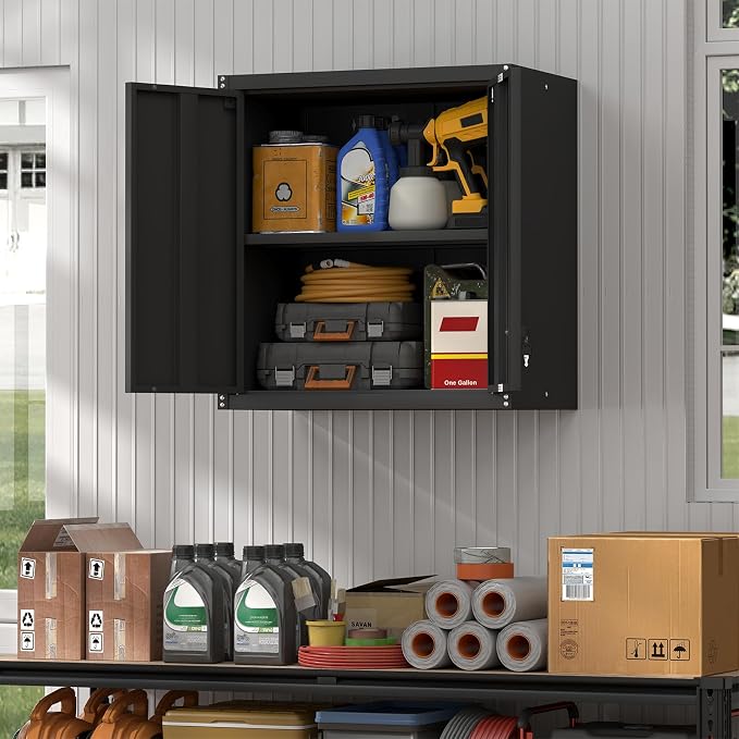 Steel Wall Cabinet, Metal Locking Wall Cabinet, Hanging Metal Cabinet for Garage Tool Storage, Wall Mount Tool Cabinet for Garage, Laundry Room, Office, Black
