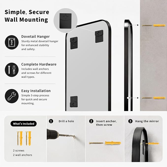 Koonmi Black Bathroom Mirror for Over Sink 32x48 Inch | Wall Mirror for Bathroom Matte Rectangle Metal Deep Framed, Shatterproof Tempered Glass, Hang Vertically or Horizontally
