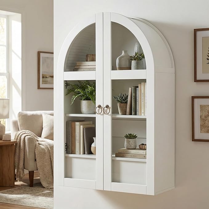 Arched Medicine Cabinet, White Bathroom Wall Cabinet with Tempered Glass Door and Adjustable Shelf for Kitchen, Living Room, Entryway, Laundry Room, Apartment, Office, Small Space
