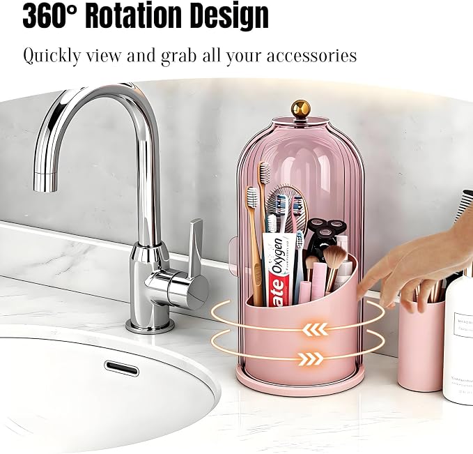 JEESA Dustproof Toothbrush Holder with Cover, Pink | 360° Rotating, 180° Sliding Lid, 3 Slots, Toothbrush Organizer, for Bathroom Countertop