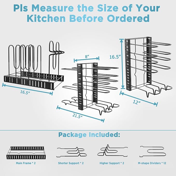 Pots and Pans Organizer Under Cabinet 16.6" 8-Tier Adjustable 2-Pack | 3 DIY Modes, Tool-Free Assembly, Non-Slip, Fits Lightweight Pots Up to 11", For Kitchen Cabinets, Shelves & Countertops