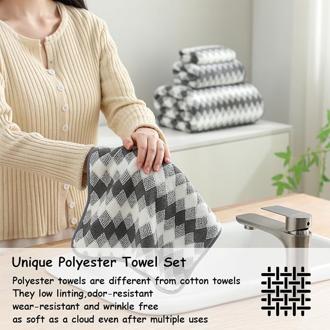 12 Pcs Gray White Diamond Towel Set-4 Bath Towels,4 Hand Towels,4 Washcloths Soft Polyester Towels with Loop Absorbent Shower Towel Quick Dry Beach Chair Towel Family Towels for Bathroom Spa Gym Pool