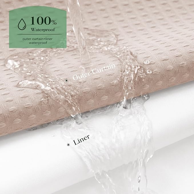 Blush Pink Hook Free Waffle Shower Curtain & Snap-in Liner,72x75 | Less Time to install, 3 in 1 Fabric Shower Curtain and Liner Set with Magnets, Mesh Top Window, Shower Curtains for Bathroom