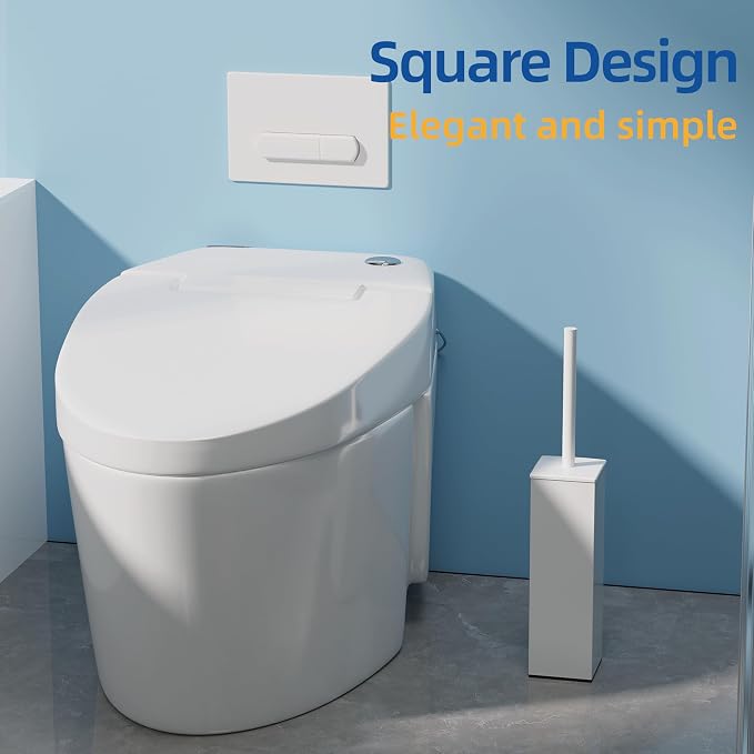 RUACQ Toilet Brush and Holder Set, Square, White, 2 Pack | SUS304 Stainless Steel Handle, Toilet Cleaner Brush with Durable Scrubbing Bristles, Splash-Proof