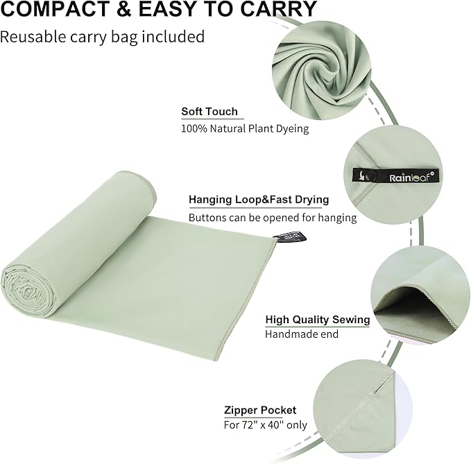 Rainleaf Microfiber Towel Quick Dry Camping & Travel & Gym Towel. Compact | Super Absorbent, Lightweight, Fast Drying. Suitable for Beach, Bath, Backpacking, Hiking, Swim.