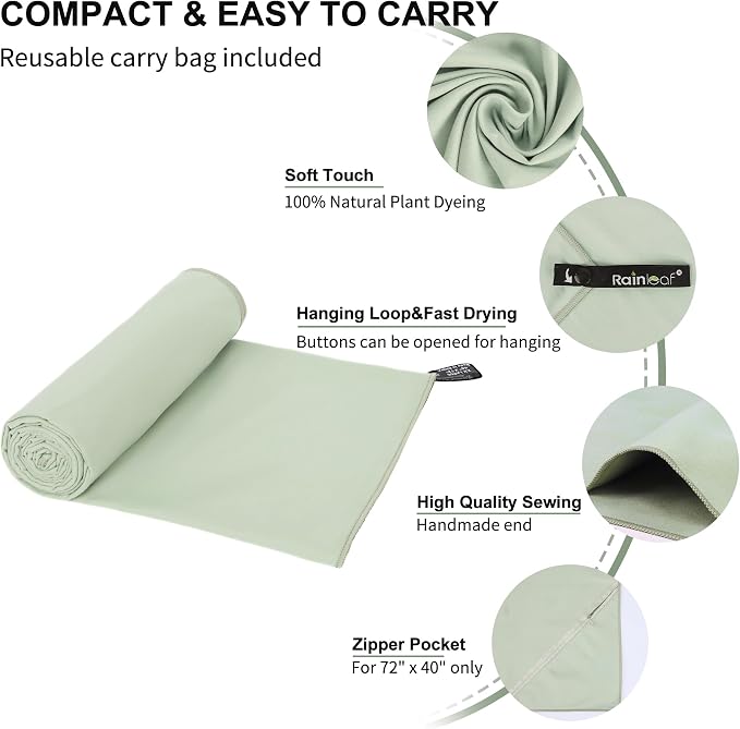 Rainleaf Microfiber Towel Quick Dry Camping & Travel & Gym Towel. Compact | Super Absorbent, Lightweight, Fast Drying. Suitable for Beach, Bath, Backpacking, Hiking, Swim.