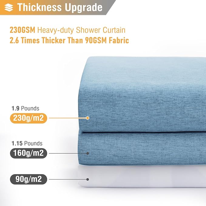 Extra Long Linen Textured Shower Curtain, 72x96, Moonlight Blue | Extra Tall Size, 230GSM Polyester, Heavy Duty Waterproof Cloth, Weighted Hem, 12 Hooks, Modern Hotel Style, Machine Washable