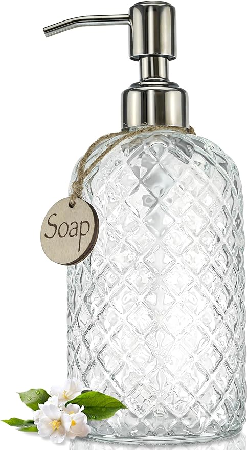 JASAI 18Oz Gem Patterned Clear Glass Soap Dispenser with Rust Proof Pump | Refillable Hand soap Dispenser for Kitchen, Premium Bathroom Soap Dispenser for Dish Soap, Hand soap, Lotion(Clear)