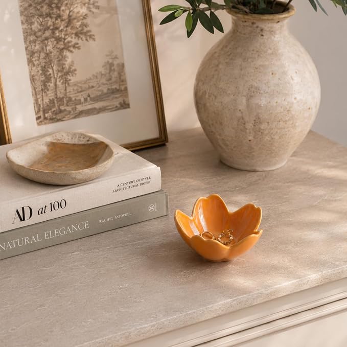 Floral Ceramic Jewelry Tray, 3.5" Ring Holder Trinket Bowl | Petite bowl keeps rings, earrings, keys, and keepsakes visible on vanities or dressers, making a sweet gift for women